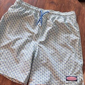 Vineyard Vines Light Blue Shark Pattern Swim Trunks. Kids XL
